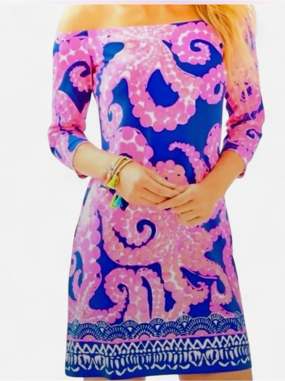 New wTags Lilly Pulitzer Laurana off the shoulder Pink Blue Octopus print dress
